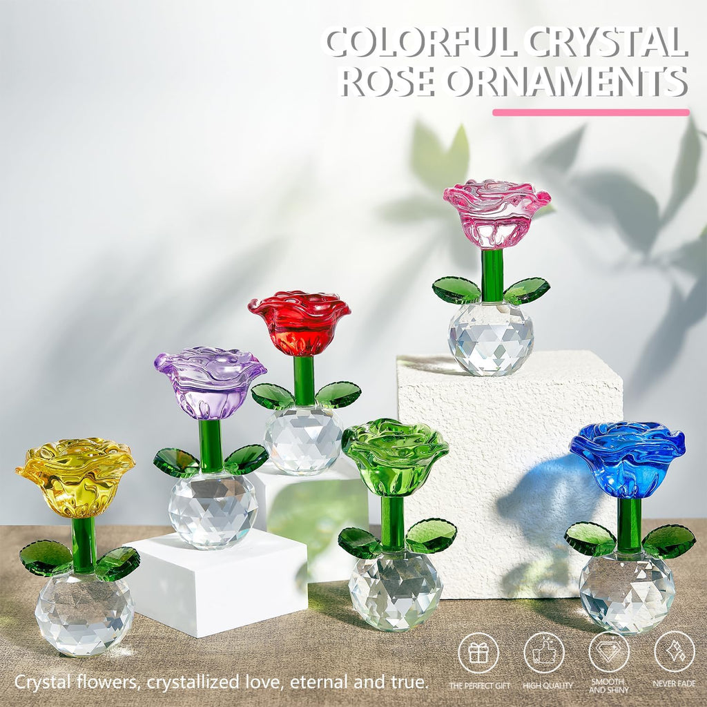 Skiennix Crystal Glass Rose Flowers Figurines - Colorful Blown Glass Centerpieces for Home & Office | 3.5in