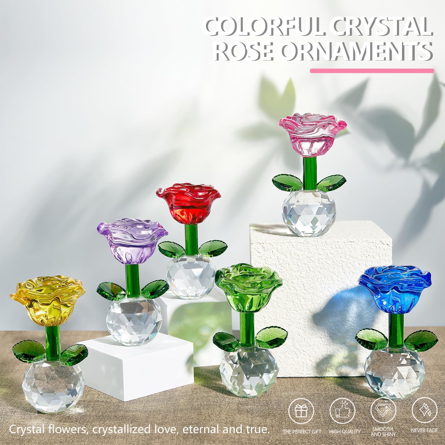 Skiennix Crystal Glass Rose Flowers Figurines - Colorful Blown Glass Centerpieces for Home & Office | 3.5in