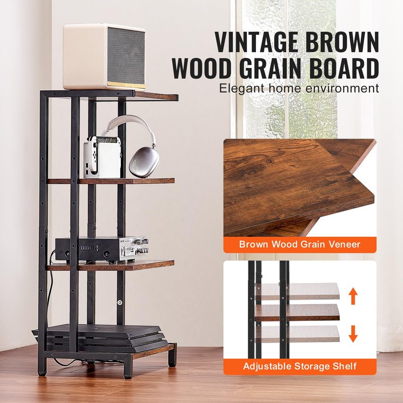 VEVOR 4-Tier AV Media Stand, Corner TV Stand, Height Adjustable Wooden Shelves for DVD Players/Cable Boxes/Games Consoles, Brown