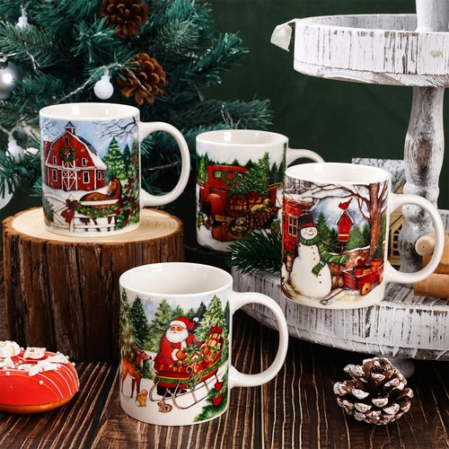 Whaline 4Pcs Vintage Christmas Mug Set 12oz Santa Snowman Coffee Mug Ceramic Xmas Winter Party Cups for Home School Office Housewarming Gift