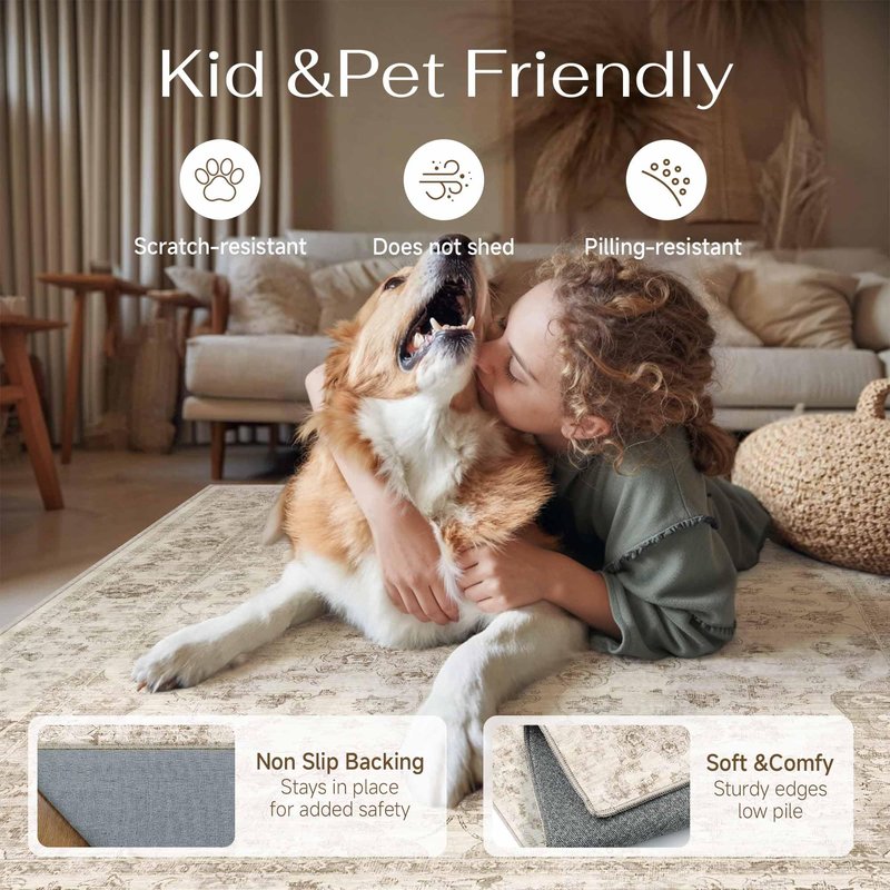 WondRg 5x7 Washable Neutral Area Rug Beige Vintage Living Room Bedroom Carpet Non-Slip Soft Low Pile Farmhouse Indoor Throw Rug for Dining Room Entryway Office