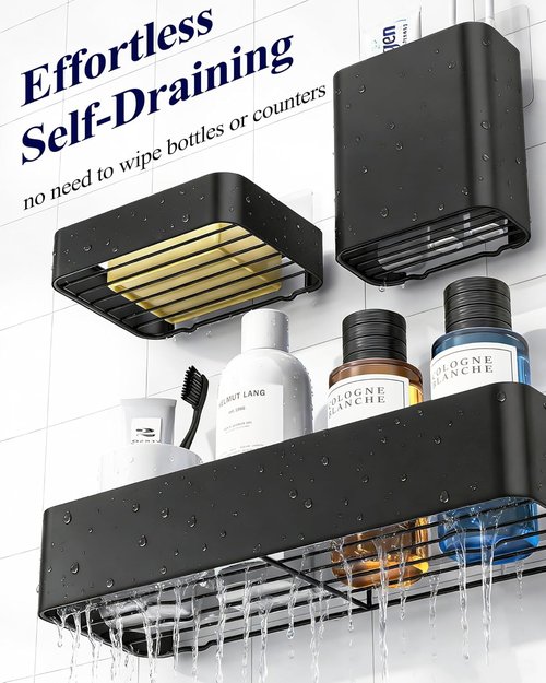 Kitsure Shower Caddy Adhesive | Rustproof 6-Pack No-Drill Bathroom Organizer - Large Black Shelves with Hooks