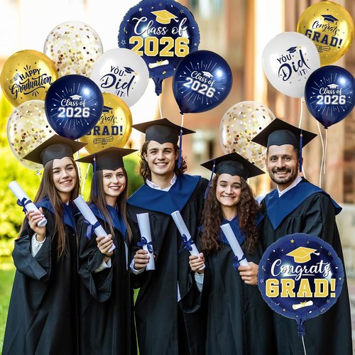 Graduation Decorations 2026 - Skiennix Navy Blue & Gold Balloons Set | 51Pcs Latex & Foil with Confetti Ribbons