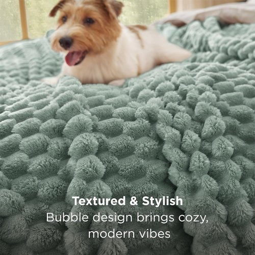 Bedsure Queen Size Blanket - Fluffy Plush Bubble Fleece for Cozy Home Decor | Sage Green, 90x90 Inches