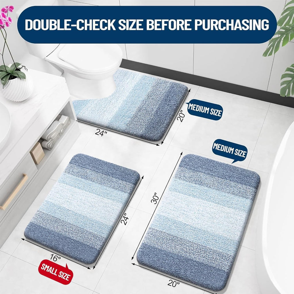 OLANLY Bathroom Rugs Set - Soft Absorbent Microfiber Mats & U-Shaped Contour Rug | 3-Piece Blue Set (30"x20"+24"x16"+24"x20")