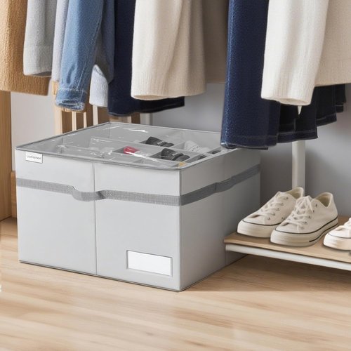 LUVHOMEE Shoe Organizer - Space-Saving Storage for 16 Pairs | Clear Foldable Bins with Reinforced Handles - Gray