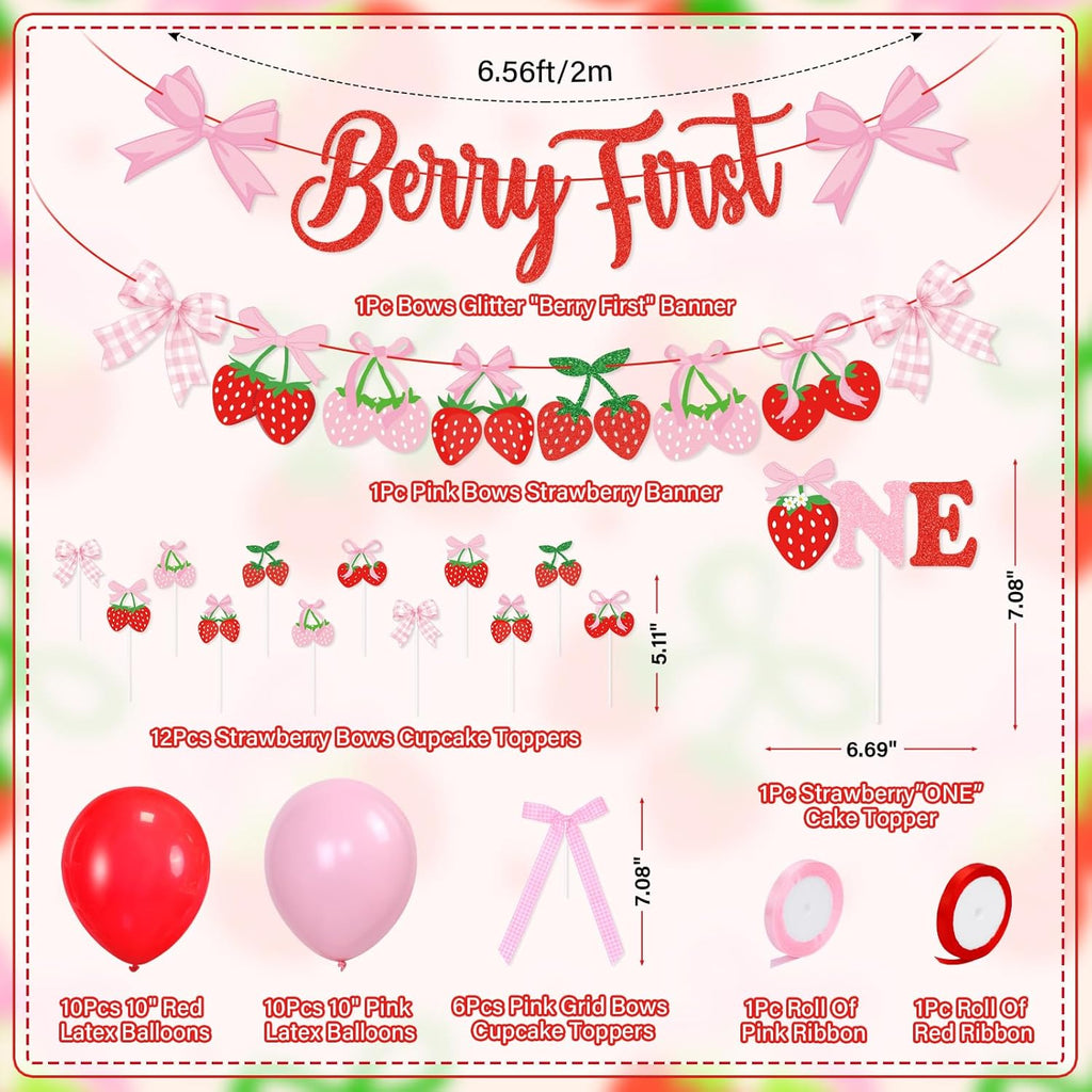Skiennix Pink Bow Strawberry First Birthday Party Decor - Glitter Banners & Balloons for Girls