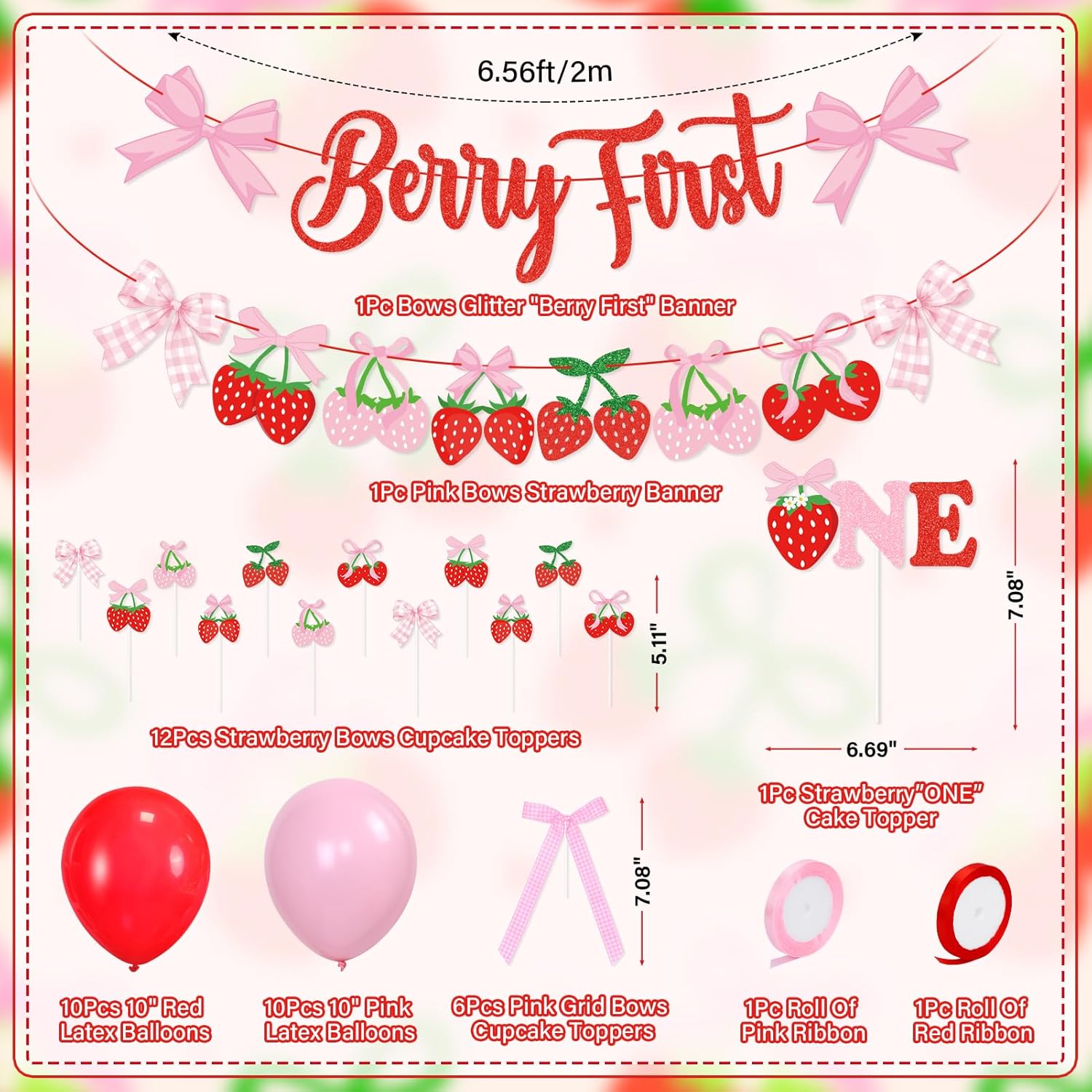 Skiennix Pink Bow Strawberry First Birthday Party Decor - Glitter Banners & Balloons for Girls