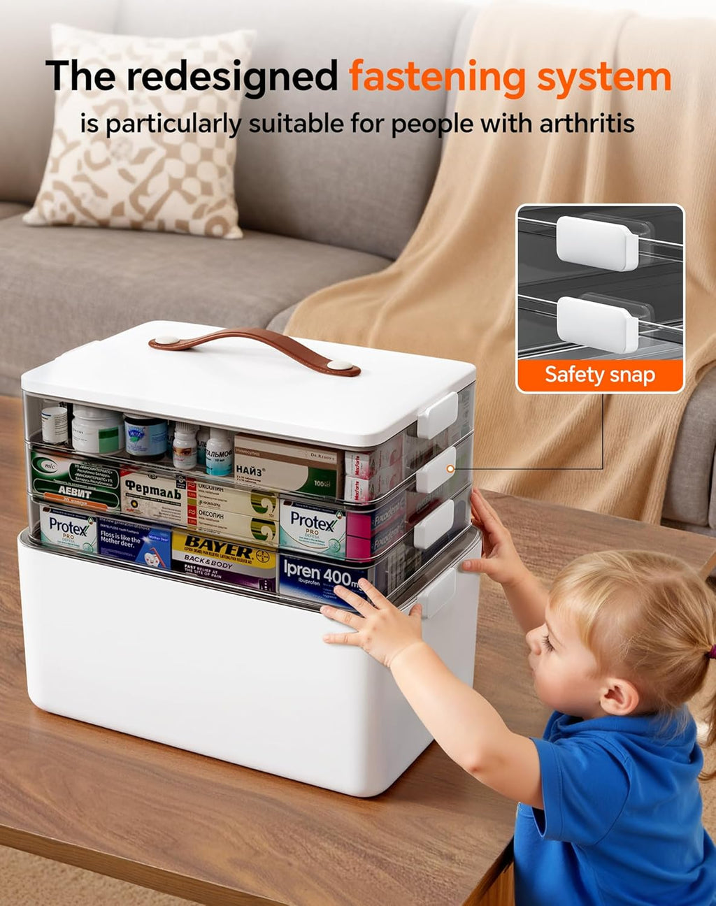 Skiennix 4-Tier Medicine Cabinet Organizer - Stylish Leather Handle & Portable Weekly Pill Organizer | Multipurpose Storage Box for Family Emergencies