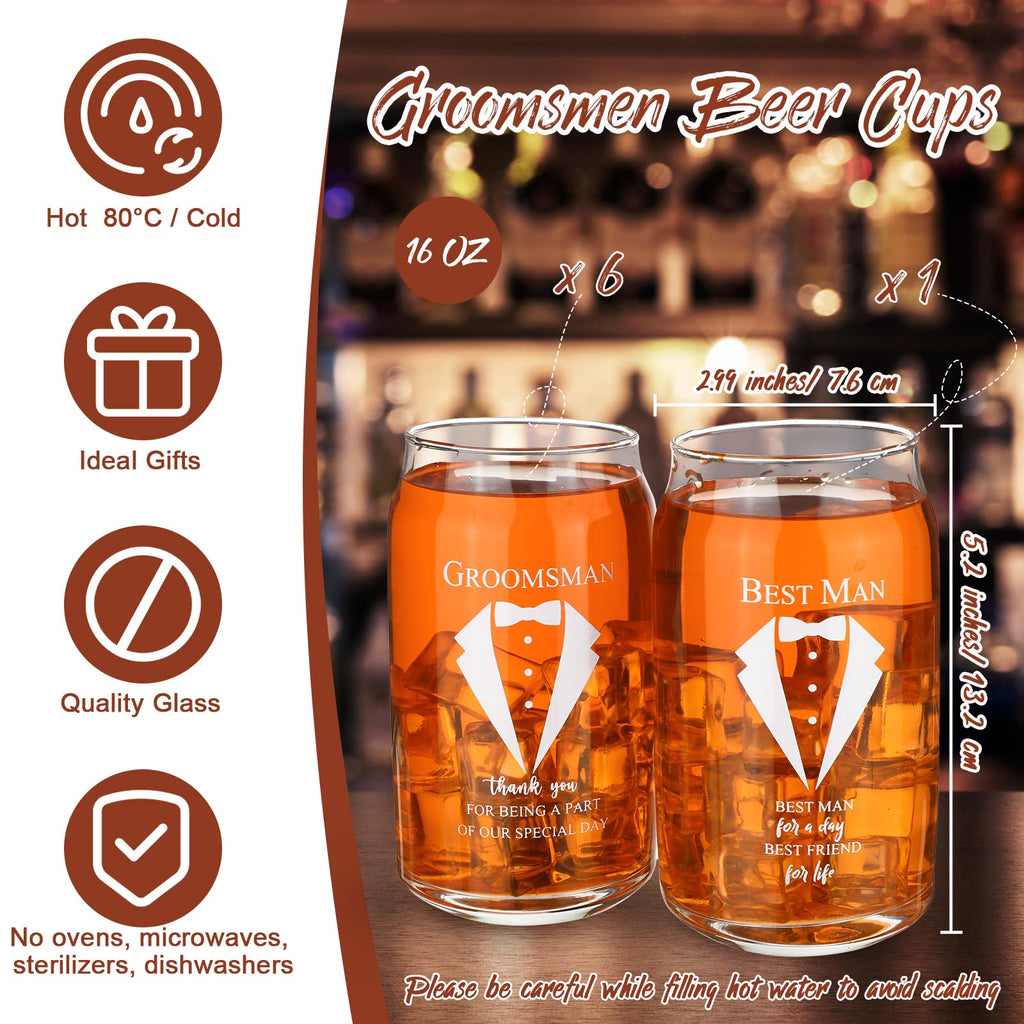 Nuanchu Set of 7 Groomsman Proposal Gifts Best Man Gift Beer Glass Set with Tuxedo Glasses Will You Be My Groomsman Cards Tissue Paper for Bachelor Party(16 oz,Beer Glasses)