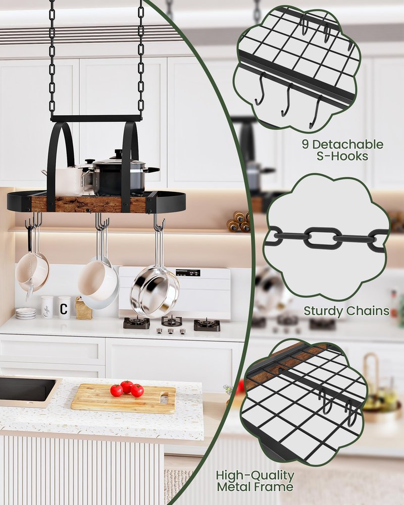 CHOEZON Hanging Pot Rack, Pot Hanger for Kitchen, Ceiling Mounted Pot Holder, Cookware Organizer with 9 S-Shaped Hooks, for Pot, Pan Storage, Space-Saving, Rustic Brown and Black TPR07BF
