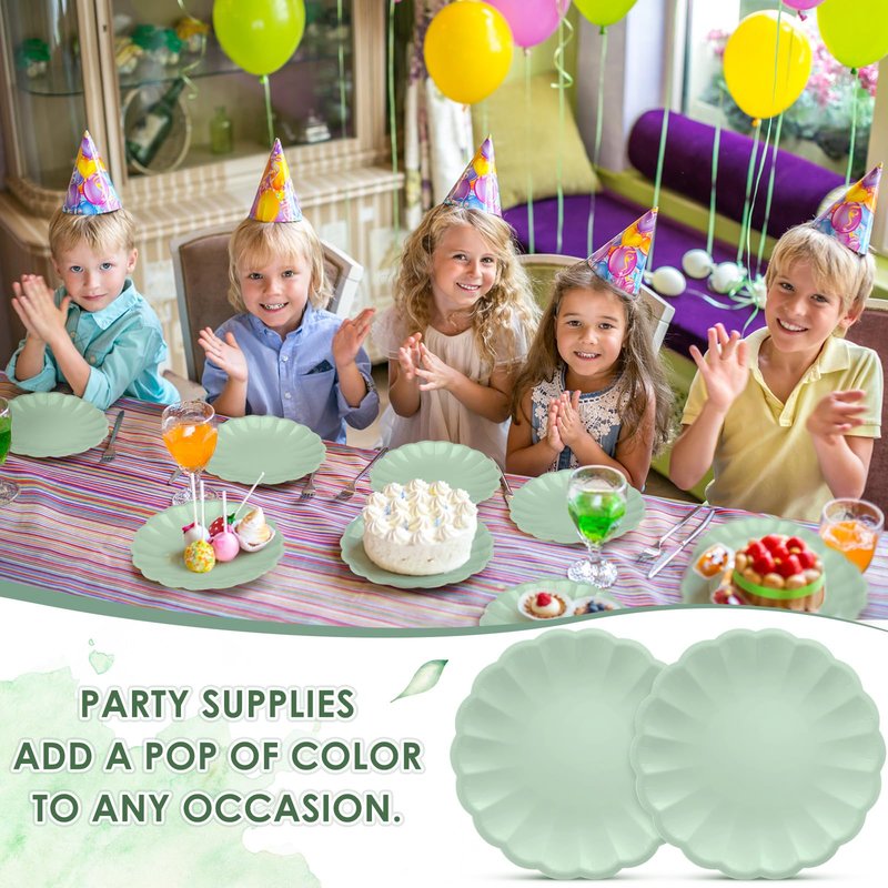 Newtay 30 Pcs Large Scalloped Paper Plates 9.5 Inch Shell Edge Disposable Dinner Plates for Birthday Wedding Baby Shower Party Decorations (Sage Green)