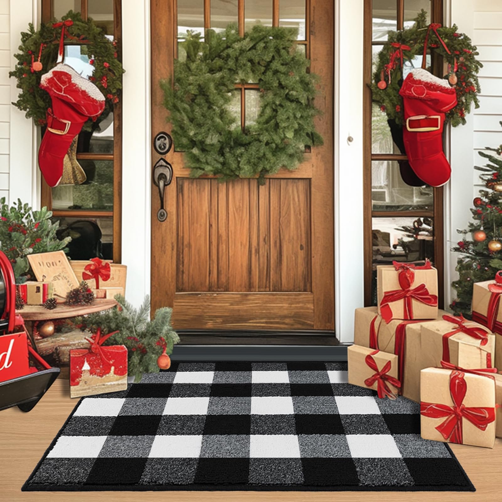 REFETONE Buffalo Plaid Rug 36"x59", Black and White Checkered Rug Rubber Backing Non-Slip Indoor Outdoor Rugs for Layered Door Mats, Washable Absorbent Carpet for Front Porch Farmhouse Entryway