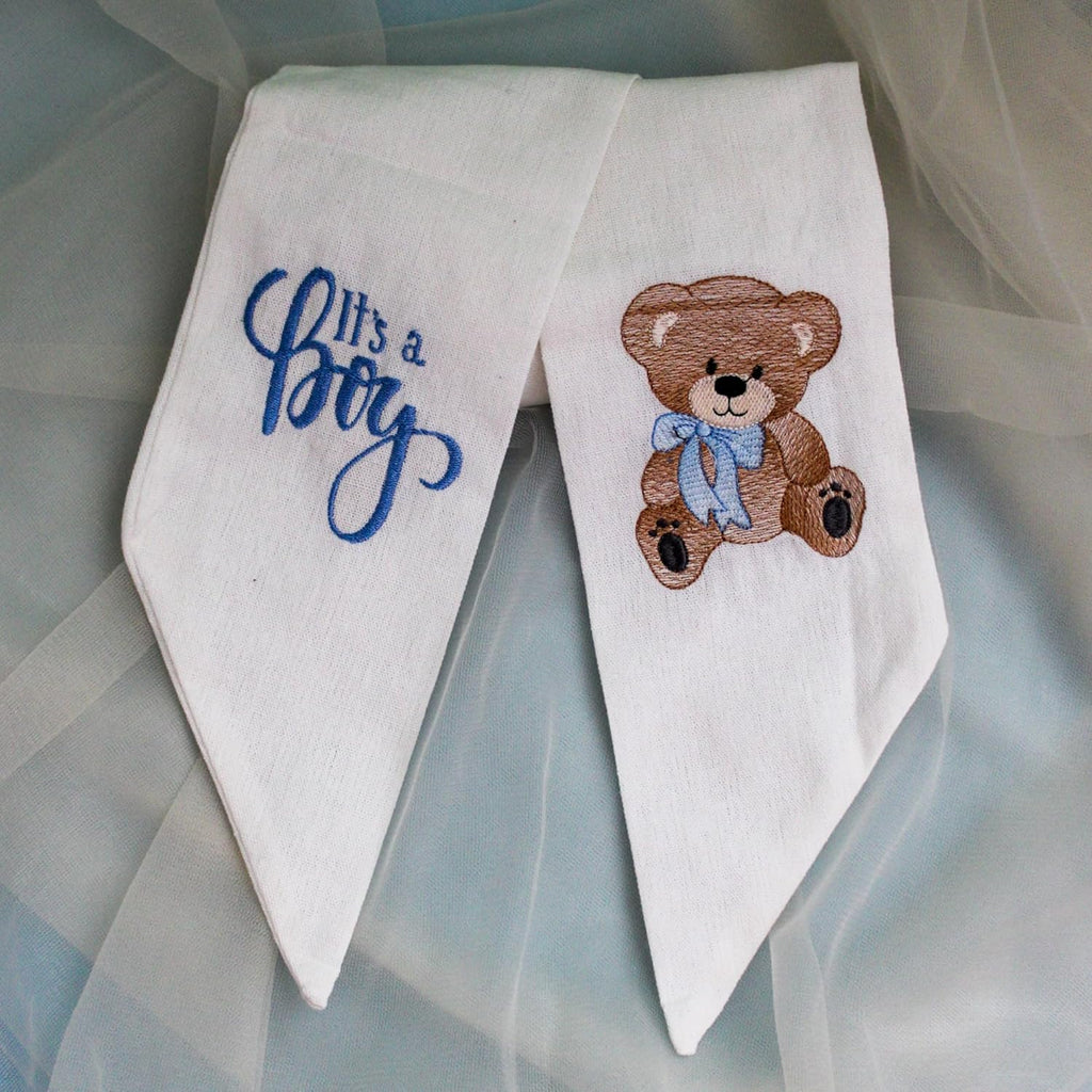Regine Switzerland Wreath Sash - "It's a Boy" Embroidered Design, Quality White Linen | 56" L x 4.5" W Indoor/Outdoor Décor