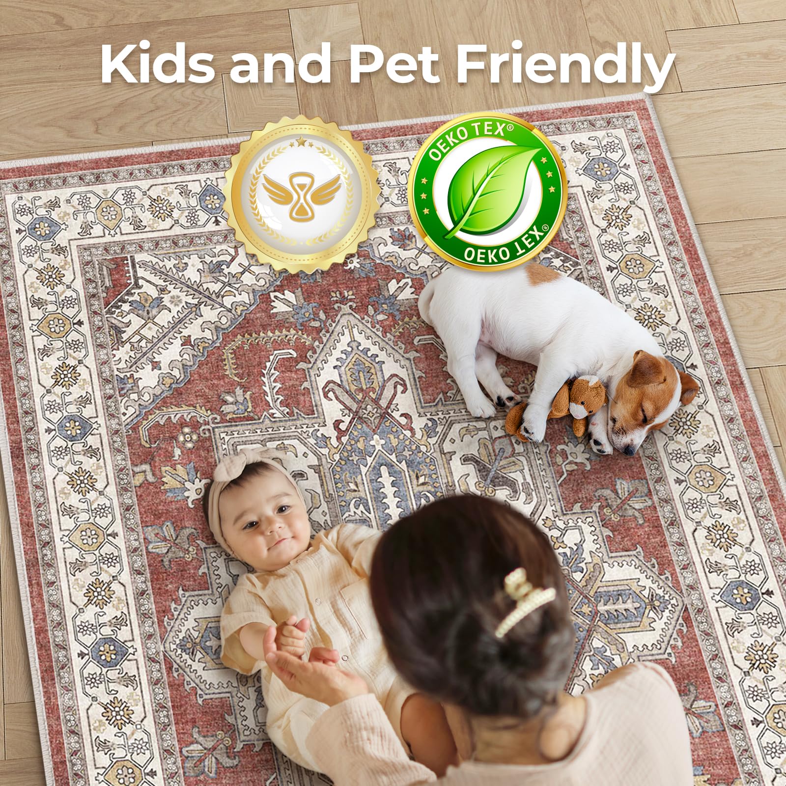 WITSHOCK Living Room Area Rugs 9x12: Washable Rug Boho Soft Non-Slip Low Pile Stain Resistant Foldable Carpet for Bedroom Playroom Dining Room Office Kitchen Farmhouse Home Decor Rug-Rust/Lvory