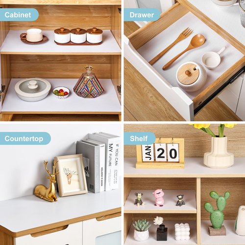PABUSIOR Self-Adhesive Kitchen Cabinet Liner: 17.7 Inch x 145.5 Inch White Drawer Mat - Easy to Cut Waterproof Non-Slip Shelf Liner for Pantry Shelving