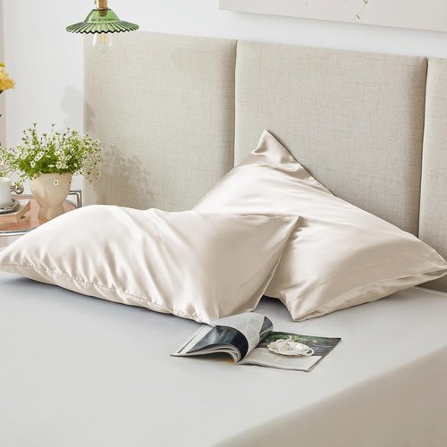 Love's Cabin Satin Pillowcase Set - Cooling Standard Size 20x26 Pillow Covers for Hair & Skin, Silky Smooth Beige
