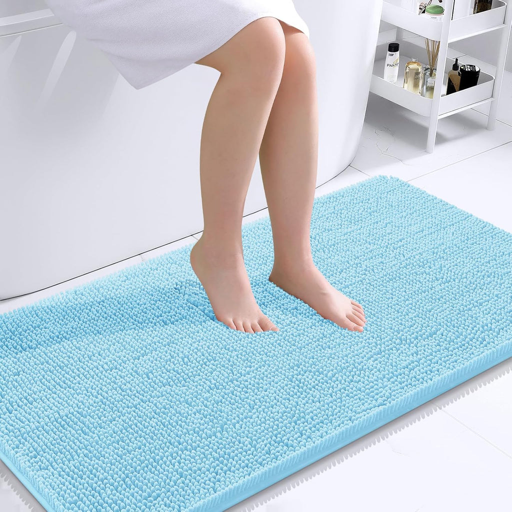 OLANLY Bathroom Runner Rugs - Soft Absorbent Chenille Bath Mats | Quick-Dry, Machine Washable, 44x24, Sky Blue