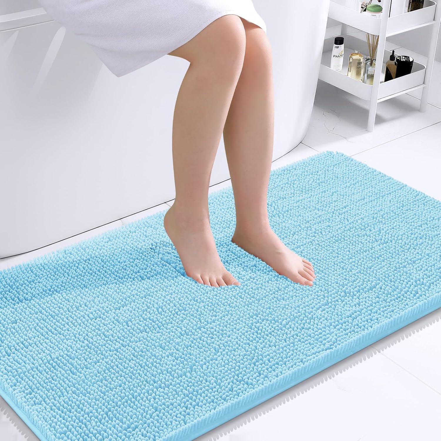 OLANLY Bathroom Runner Rugs - Soft Absorbent Chenille Bath Mats | Quick-Dry, Machine Washable, 44x24, Sky Blue