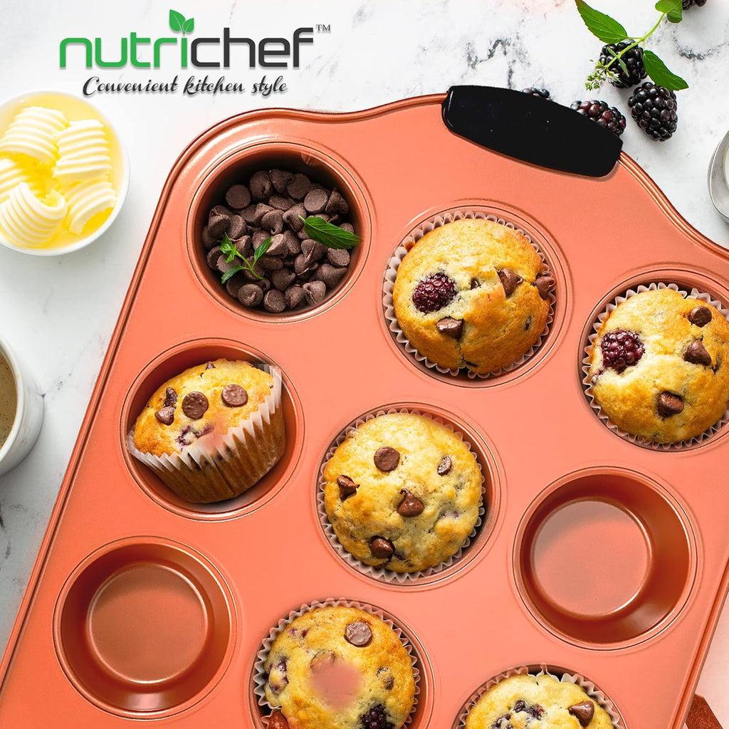 Nutrichef 12-Cup Muffin Pan - Durable Nonstick Carbon Steel Bakeware with Silicone Handles | Easy Clean, Stain Resistant, 16.22'' x 10.43''