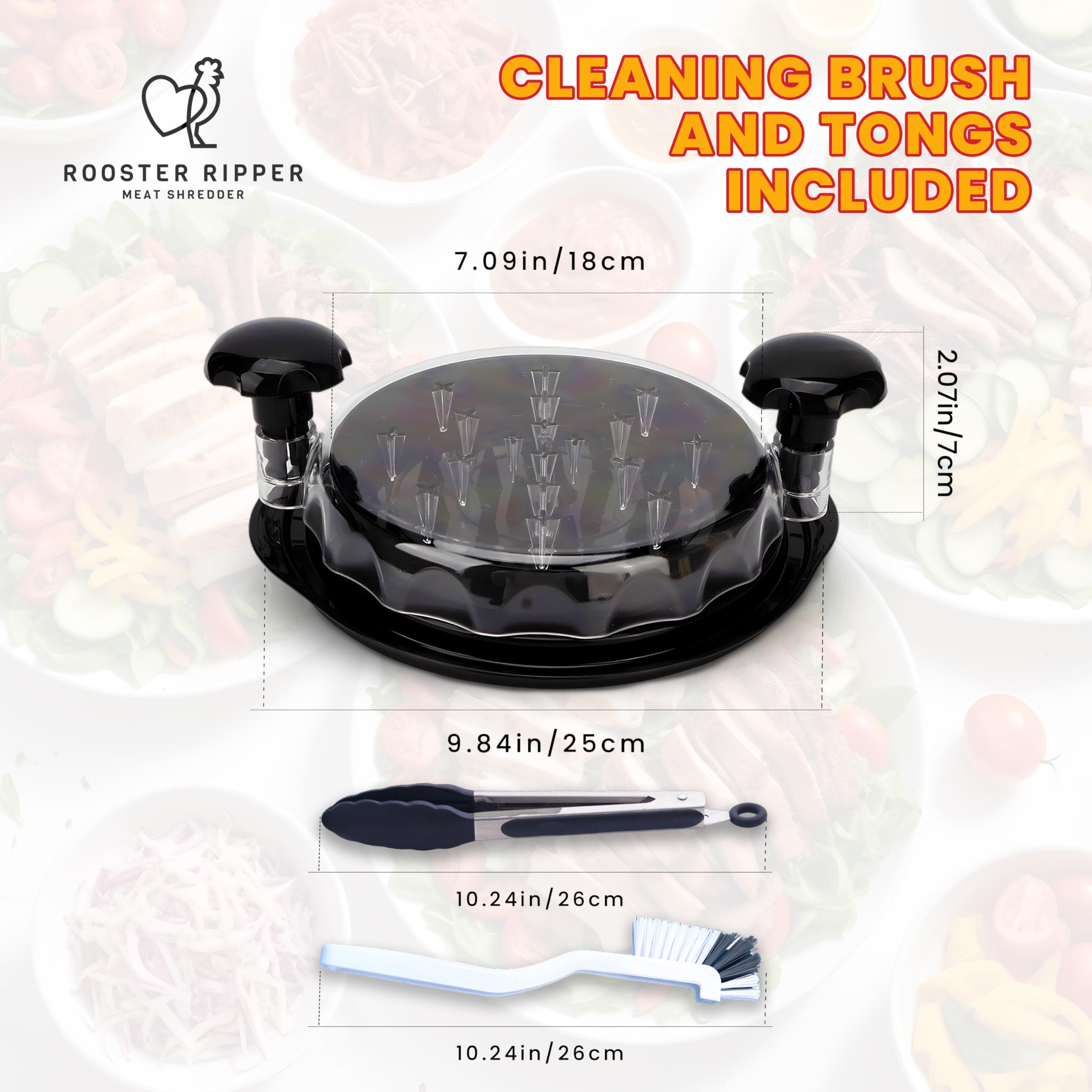 ROOSTER RIPPER Chicken Shredder Tool – BPA-Free Meat Shredder for Chicken, Pulled Pork, Beef – Strong Anti-Slip Base, Easy Twist Lid, Brush & Tongs Included – BBQ & Kitchen Use (Black)