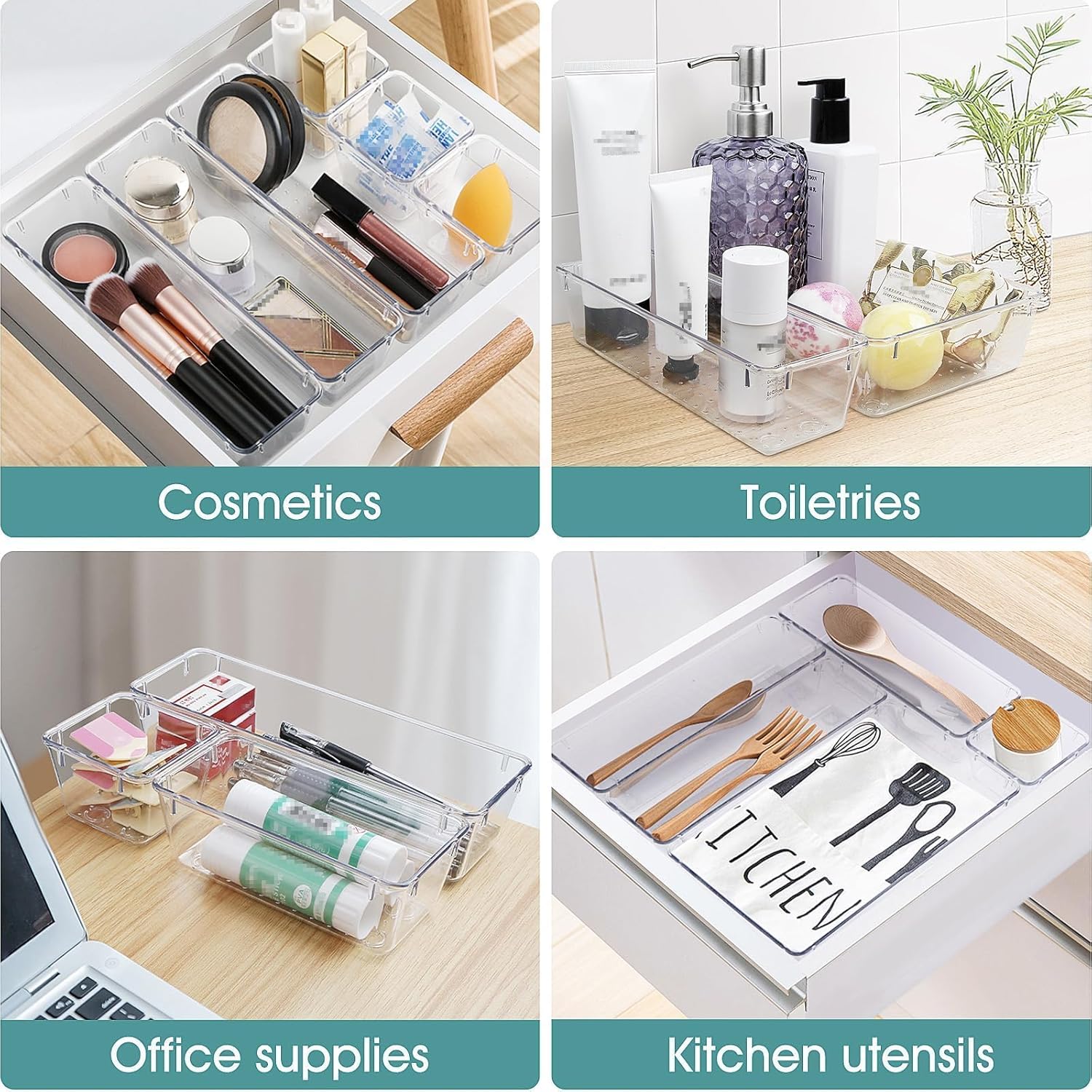 WOWBOX Clear Plastic Drawer Organizer Set - 25 PCS with 4 Sizes for Makeup, Jewelry, Gadgets | Ideal for Kitchen, Bedroom, Bathroom, Office