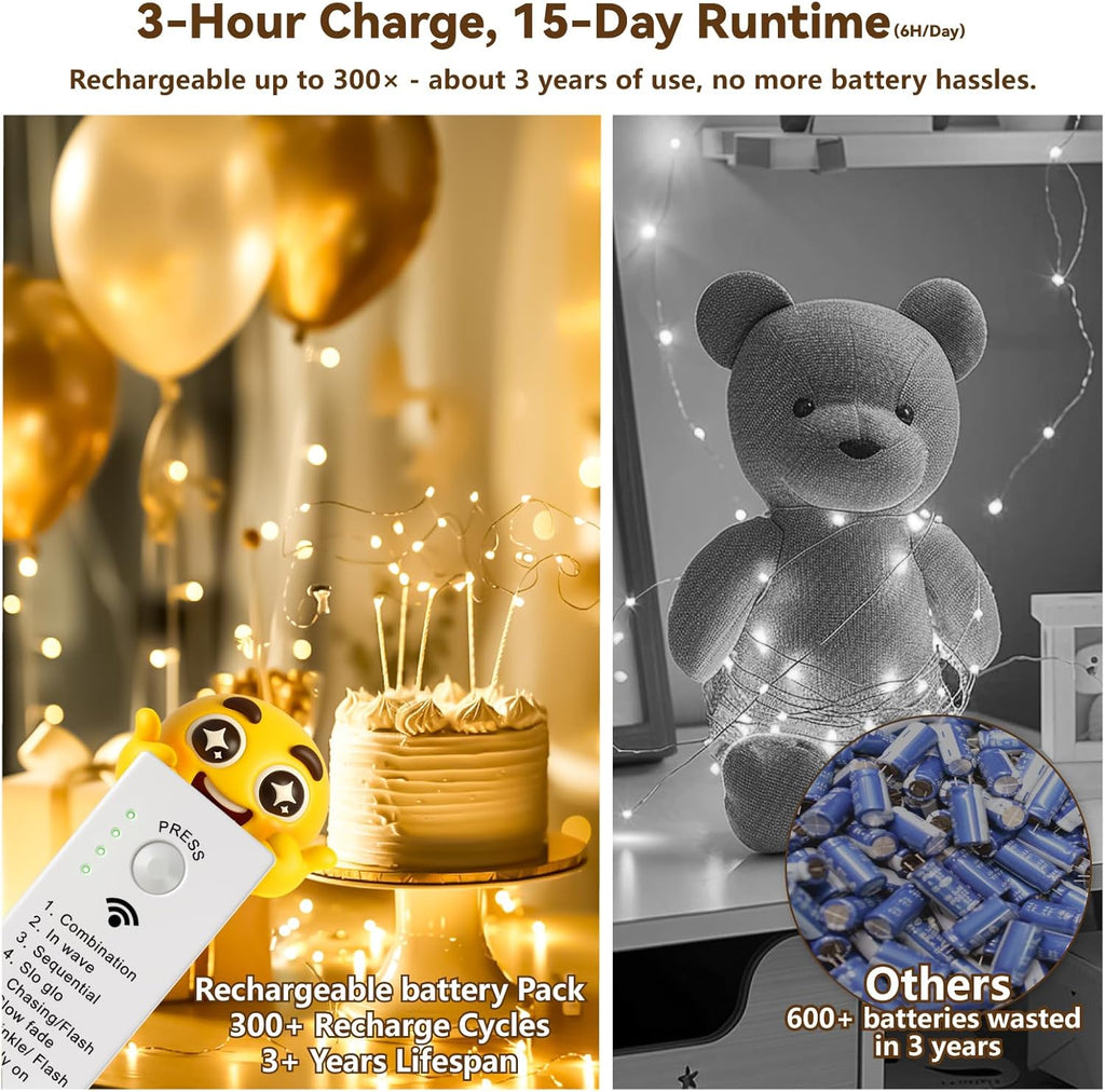 ZSJWL Rechargeable Fairy Lights - 16FT 50LED String Lights with DIY Timer & 8 Modes | Warm White Indoor Decor