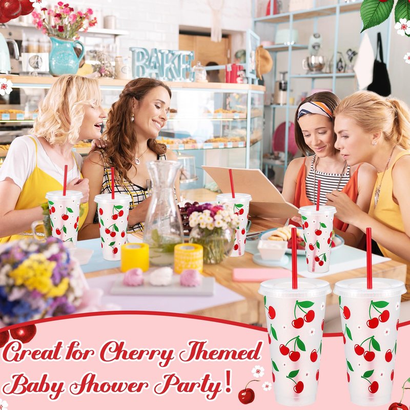 Potchen 12 Pcs Cherry Plastic Cups 24 oz Reusable Red Cherry Tumbler with Lids and Straws Reusable Drinking Juice Cups for Sweet One First Birthday Summer Fruit Birthday Daily Party Supplies