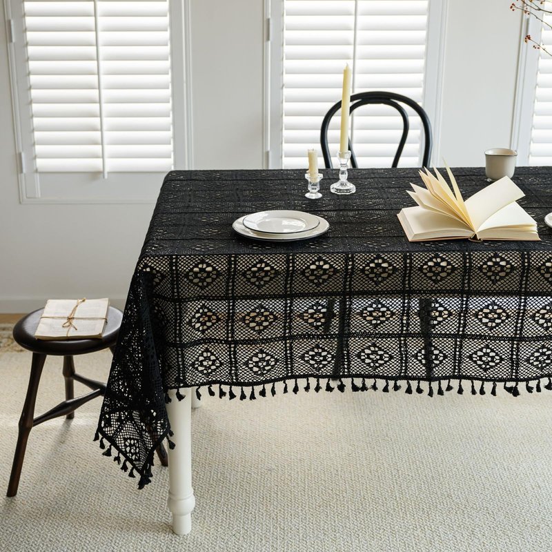 apott Crochet Lace Tablecloth with Tassel Round Table Cover for Kitchen Dinning Wedding Party Decoration Black 24x24 Inch