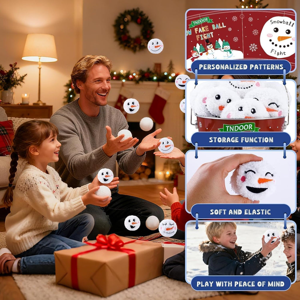 Snow Fake Balls - 2.8 Inch Smiling Snowman Face Snowballs for Indoor/Outdoor Winter Fun | Dark Red & Blue
