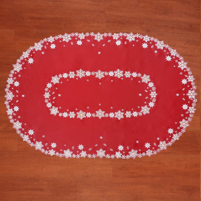 Simhomsen Embroidered Snowflakes Tablecloths for Christmas Holiday and Winter (Oval 57 × 102 inches, Red)
