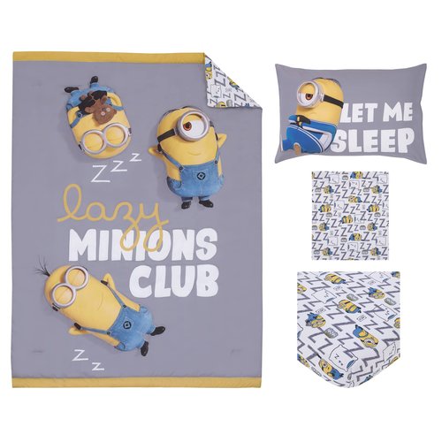 Illimuniation Lazy Minions Club Gray, Blue, Yellow, and White Let Me Sleep 4 Piece Toddler Bed Set - Comforter, Fitted Bottom Sheet, Flat Top Sheet, and Reversible Pillowcase