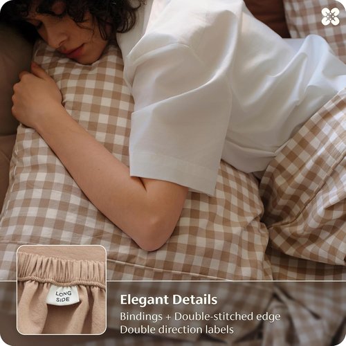 Bedsure 100% Washed Cotton Percale Sheets - Soft Gingham Queen Set with 18" Deep Pockets, Breathable Comfort