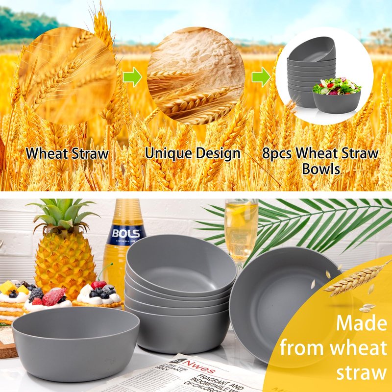 EI 8pcs Wheat Straw Bowls,28oz Reusable Cereal Bowls,Unbreakable Plastic Bowls,Premium Wheat Straw Bowls Set,Microwave and Dishwasher Safe Lightweight Fruit/Salad/Soup Bowls for Picnic,Halloween