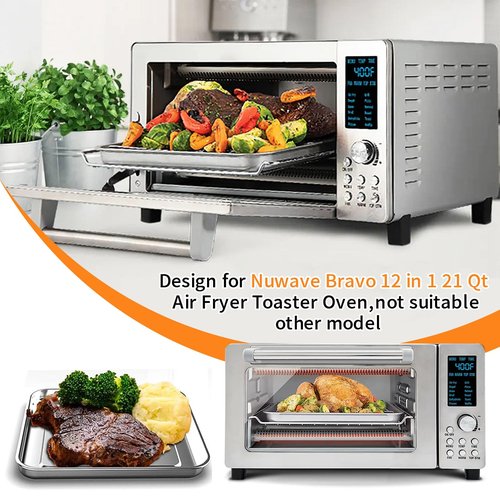 Air Fryer Baking Pan for Nuwave Bravo 12 in 1 21 Qt Air Fryer Toaster Oven, 11.2'' * 10.5'' Air Fryer Grill Pan Grill Plate Crisper Plate Rack Parts Accessories Tray, Stainless Steel