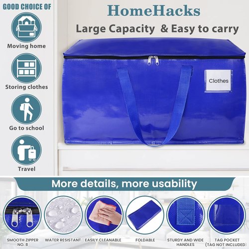HomeHacks Heavy-Duty Moving Bags - 8-Pack Collapsible Storage Totes with Strong Zippers & Handles | 93L (Blue)