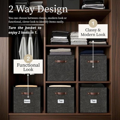 DECOMOMO Storage Baskets - 13x15x13 Cube Bins with Labels for Organized Shelves | Black Pattern (4pcs)