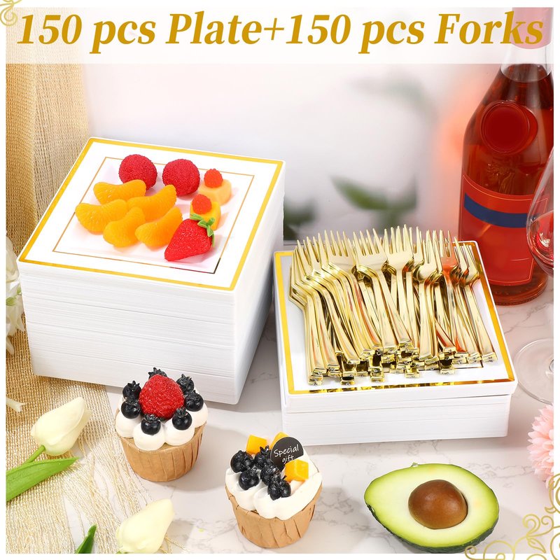 Gandeer 300 Pcs Square Plastic Plates with Forks Set Include 150 Disposable 6.5 Inch Dessert Plates Heavy Duty and 150 Plastic Appetizer Forks for 150 Guests Weddings Party Supplies(Gold)