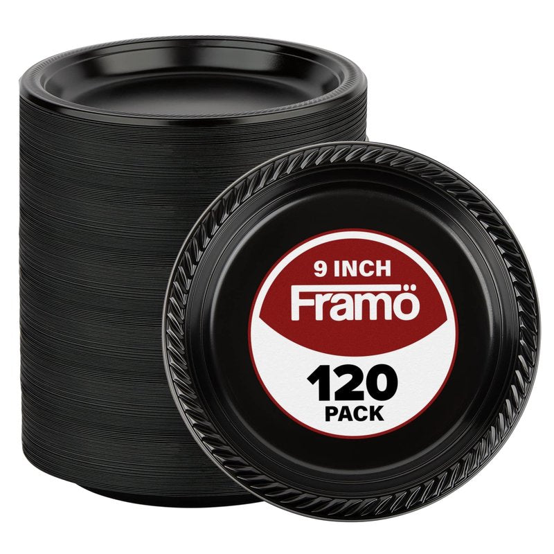 Framo Disposable Black Plastic Plates, Pack of 120-9-Inch Round Plastic Plates Special Events, Party, Dinner, Picnic, or Travel - Bulk Pack Party Supplies