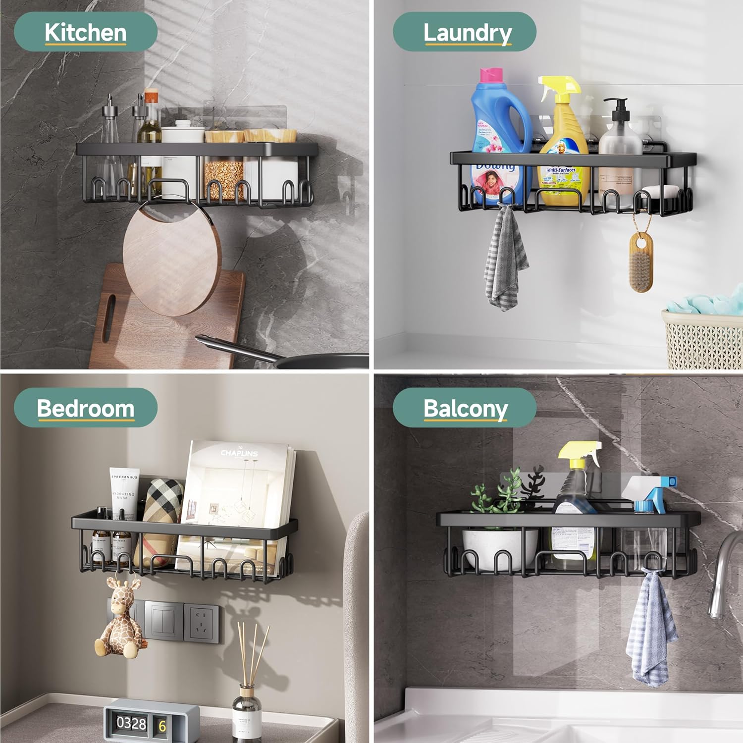 Veken Shower Caddy - Rustproof & Waterproof Adhesive Corner Shelves | 5-Pack Large Bathroom Organizer - Black
