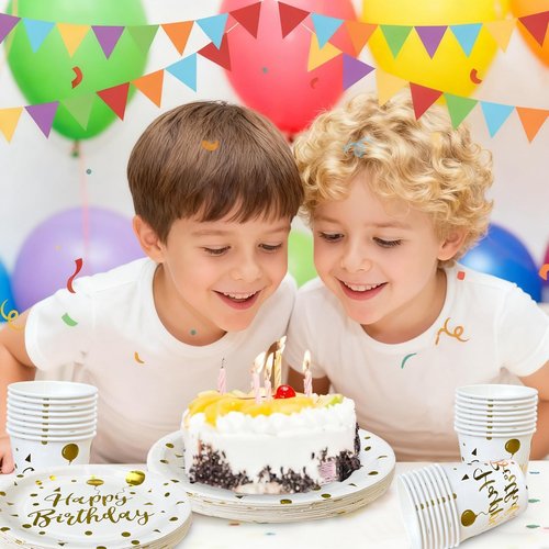 EiPibaibyi Checkered Party Pack - 150ct Disposable Plates & Napkins Set (50x7” & 50x9” Plates + 50 Napkins) for Birthdays, Holidays, Events (Motto Plates, White)