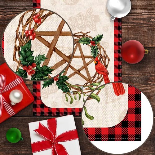 Blessed Yule Table Runner - Buffalo Plaid Check for Winter Solstice | White, 13" x 72" Home Decor