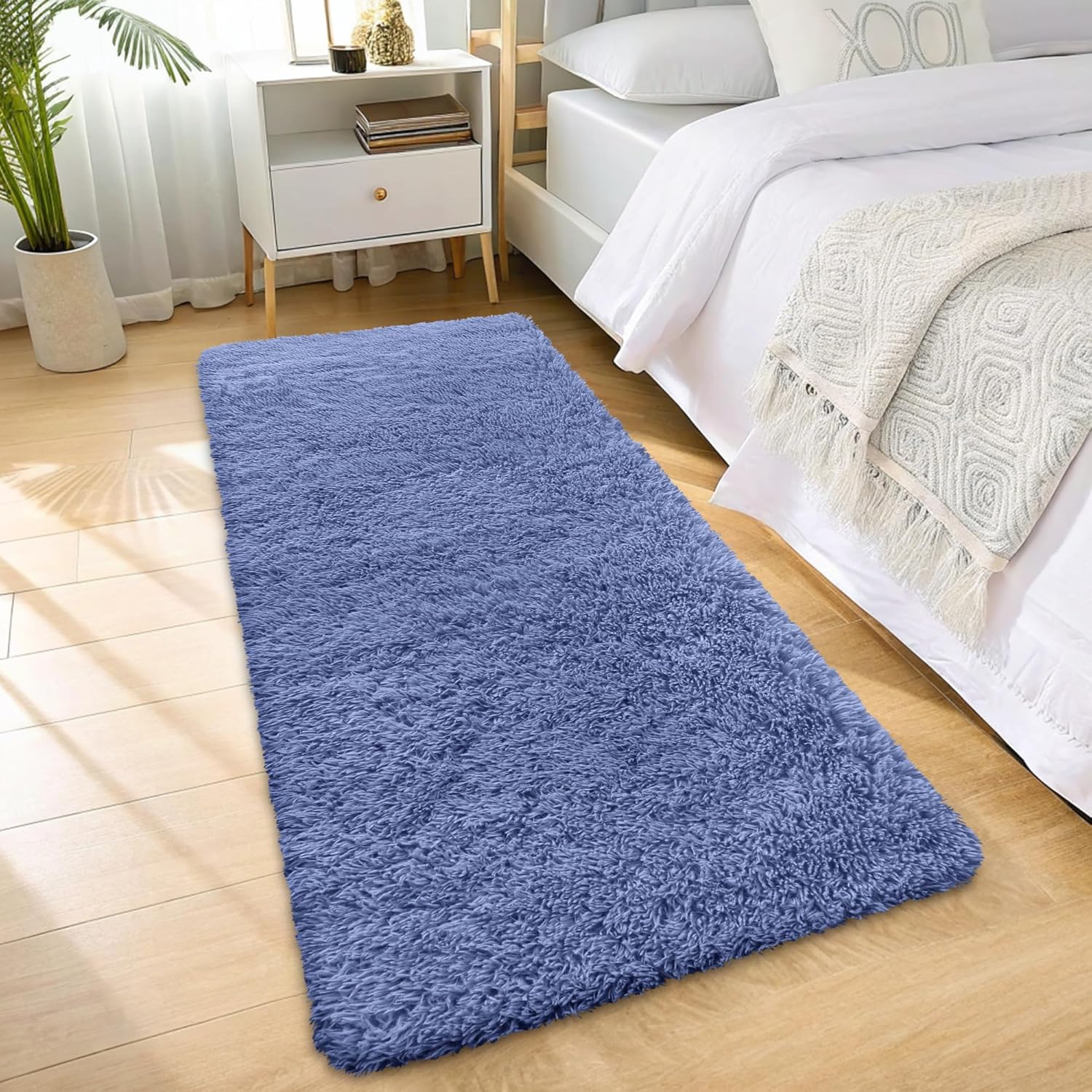 OLANLY Runner Rugs - Soft Fluffy Machine Washable Shaggy Carpet for Hallway & Bedroom | Denim Blue 2x6 ft
