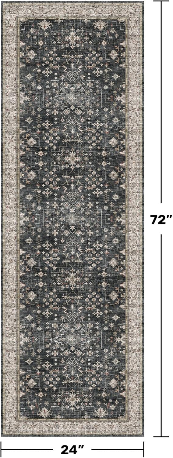 Skiennix Black Boho Runner Rug - Washable, Non-Slip, Soft & Stain Resistant | 2x6 ft for Hallway, Kitchen, Bedroom