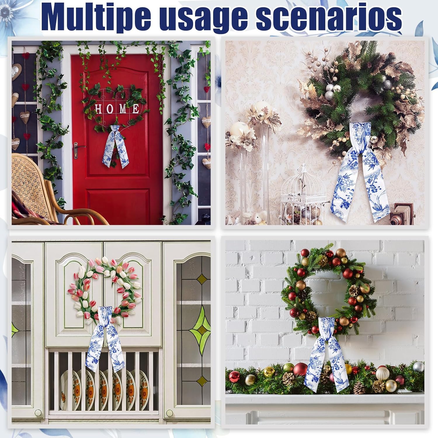 XunYee Wreath Sash Set - 6 Pcs Embroidery Monogram Decor for Weddings & 4th of July - Chinoiserie Design