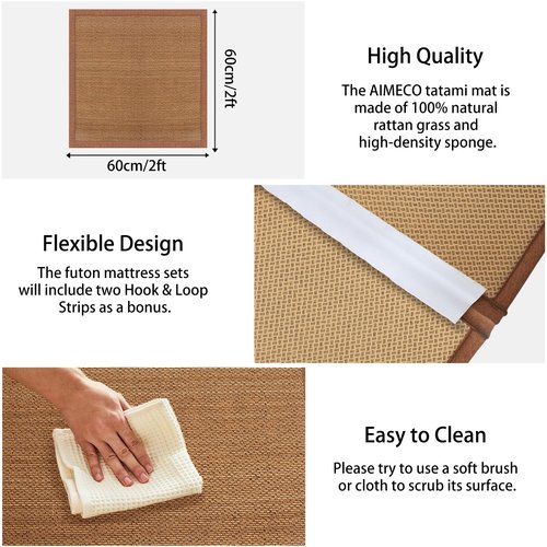 AIMECO Japanese Tatami Mat, 3PCS 2x2 Ft Natural Rattan Futon Floor Mattress Area Rugs for Sleeping Meditation Yoga, Brown