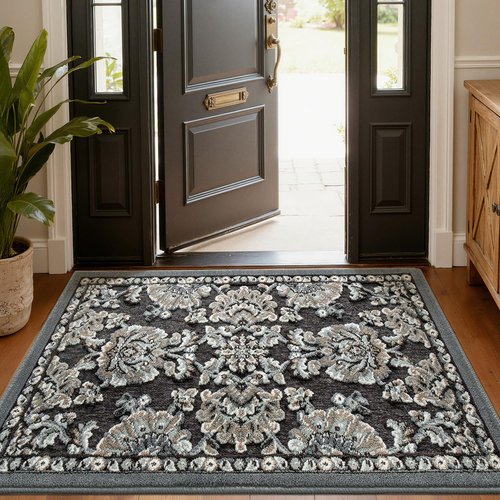 LUMI Indoor Door Mat for Entrance 24x55, Luxury Front Doormat with Non-Slip Latex Rubber Backing, Soft Washable Dirt Trapper, Flower Song (Rolled Package)