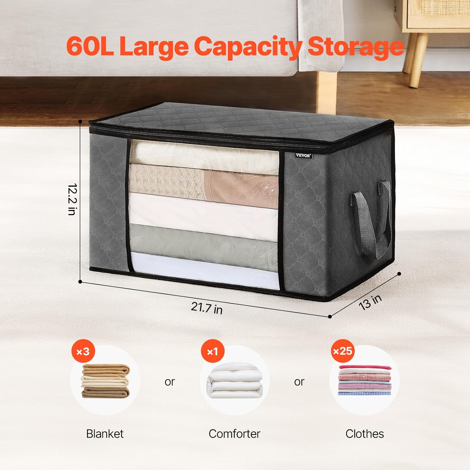 VEVOR 60L Large Storage Bags - 6 Pack Foldable Closet Organizers with Handles | Grey Non-Woven Fabric