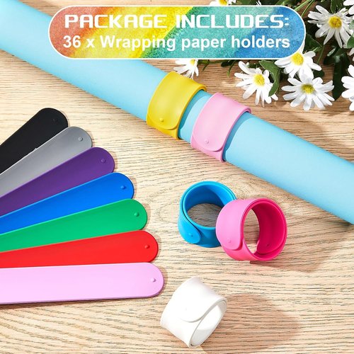 Leyndo Wrapping Paper Roll Holder Clips - 36 Pcs Silicone Snap Bands for Gift Wrapping | Multi-Color 1 x 9 in