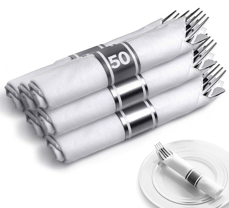 200 Pieces Pre Rolled Silver Plastic Cutlery Set, Individually Wrapped Plastic Silverware Set with 50 Forks, 50 Knives, 50 Spoons, 50 Napkins, Utensils for Weddings, Service for 50 Guests